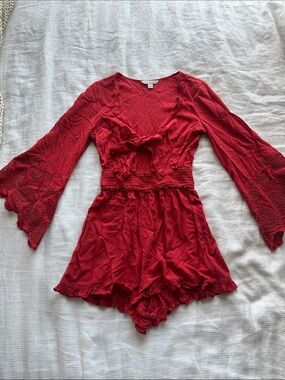 American Eagle Outfitters Red Lace Bell-Sleeve Romper